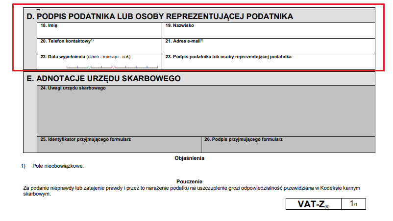 część D podpis podatnika