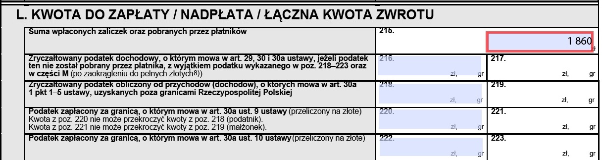 kwota wpłaconych zaliczek