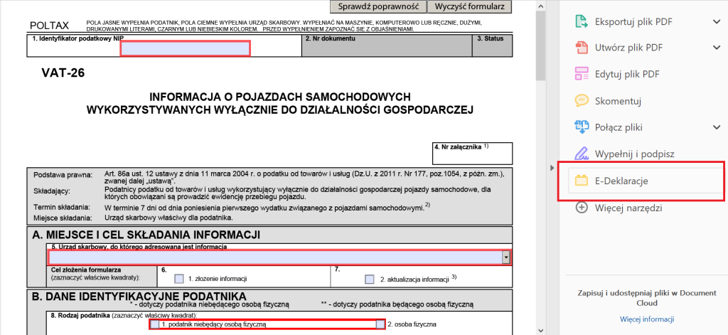 vat-26 informacja o pojazdach