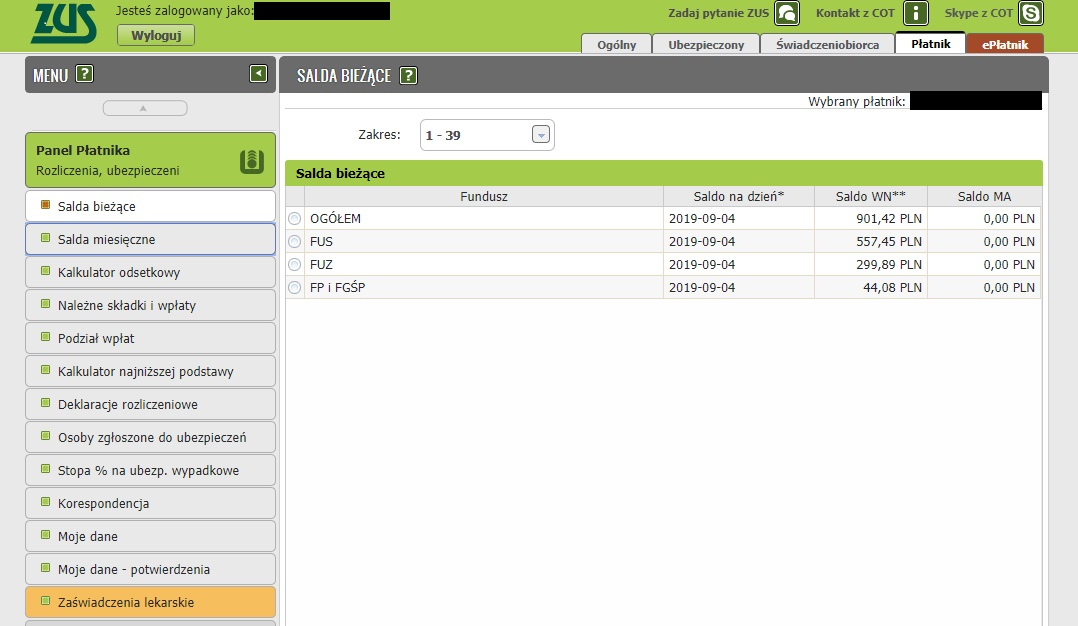 saldo składek przez PUE-ZUS