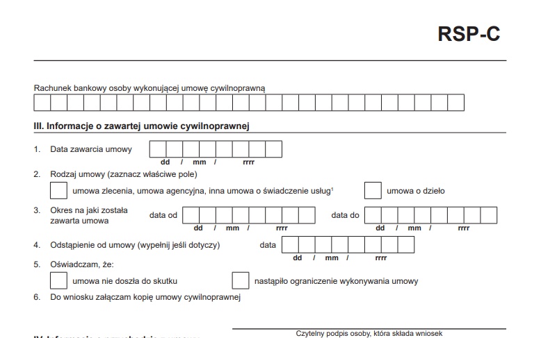 Wniosek RSP-C - informacje o zawartej umowie