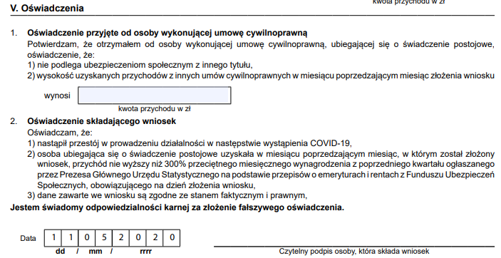 Wniosek RSP-C -  oświadczenia