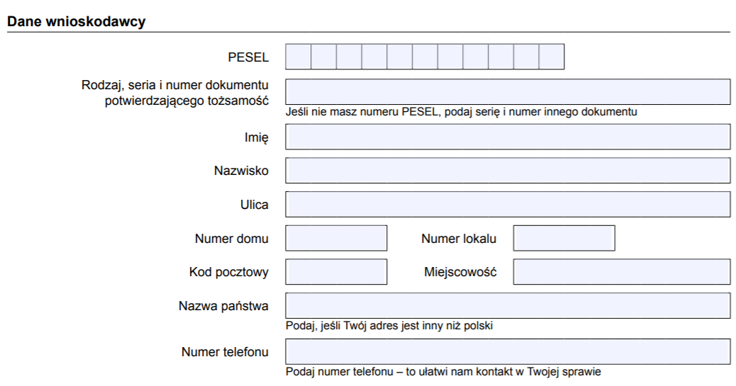 wniosek US-9 - dane wnioskodawcy