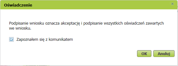 akceptacja i podpisanie oświadczeń zawartych we wniosku RDU