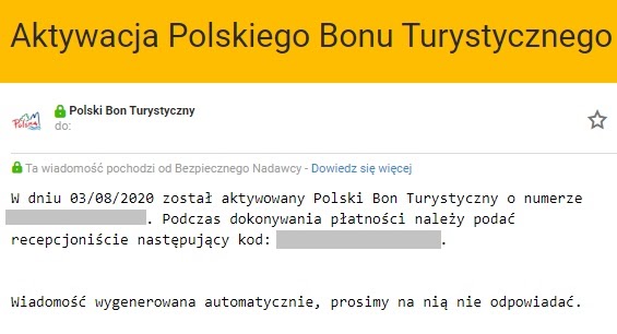 wiadomość e-mail aktywny bon turystyczny