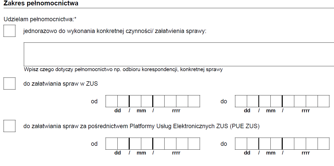 druk ZUS PEL zakres