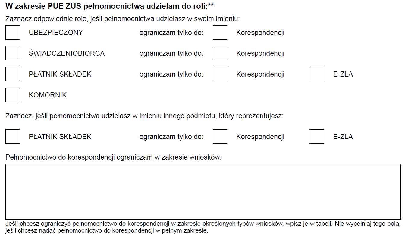 pełnomocnictwo ZUS PEL zakres