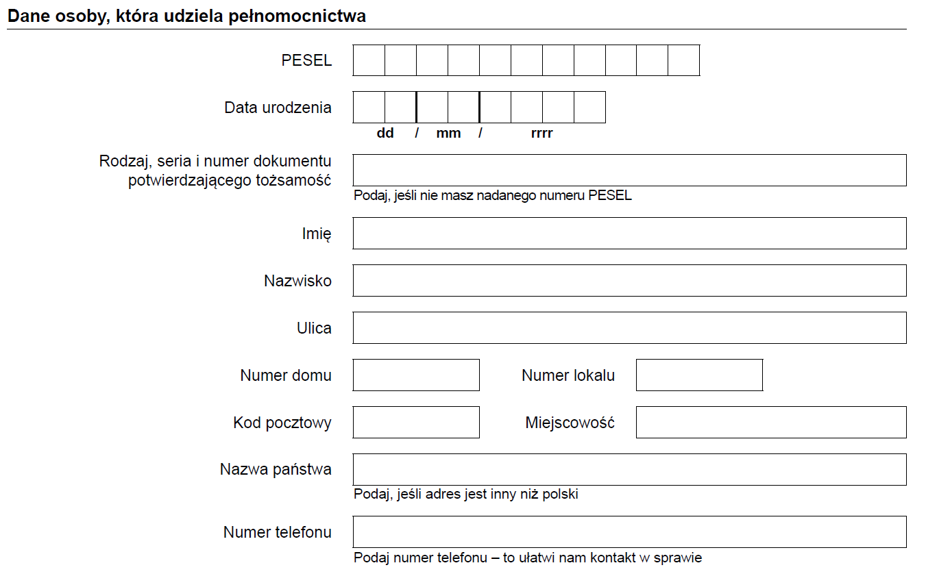 ZUS PEL dane osoby ktora udziela pelnomocnictwa