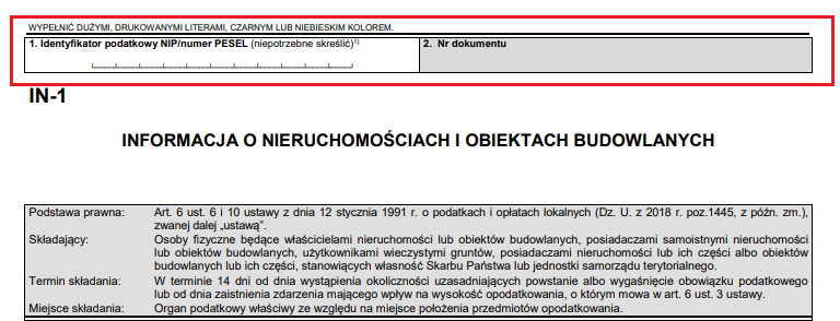 in-1 zgłoszenie nieruchomości do opodatkowania