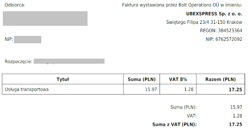 faktura od bolt w imieniu