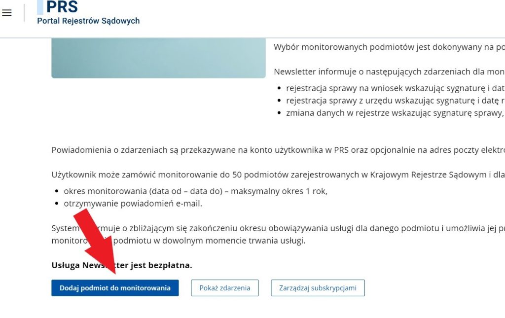 newsletter KRS - dodaj podmiot do monitorowania