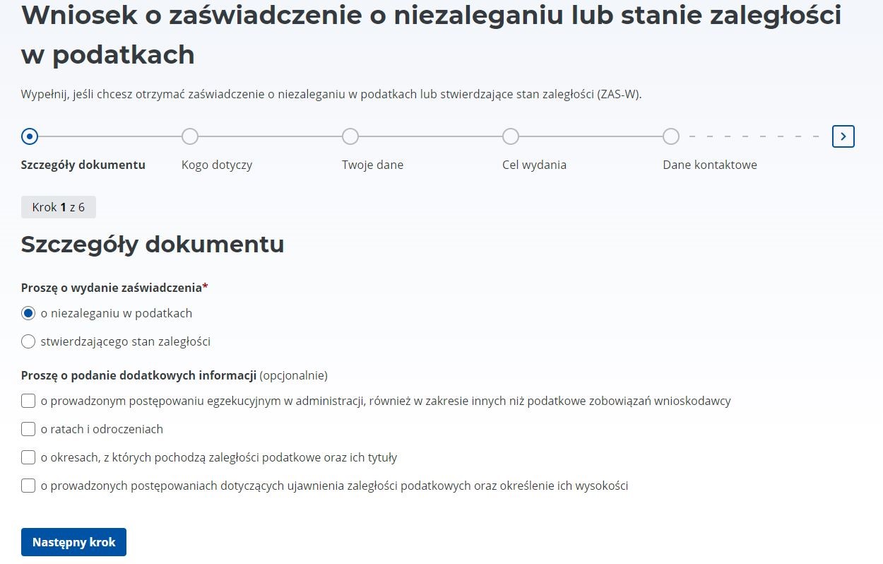 ZAS-W - zaświadczenia o niezaleganiu w podatkach automatycznie w e-US