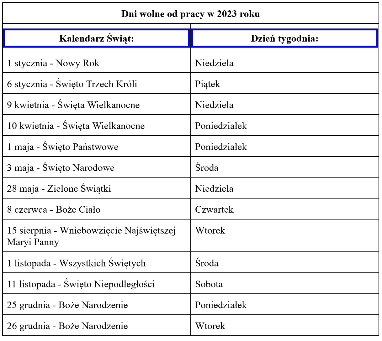 dni wolne od pracy 2023