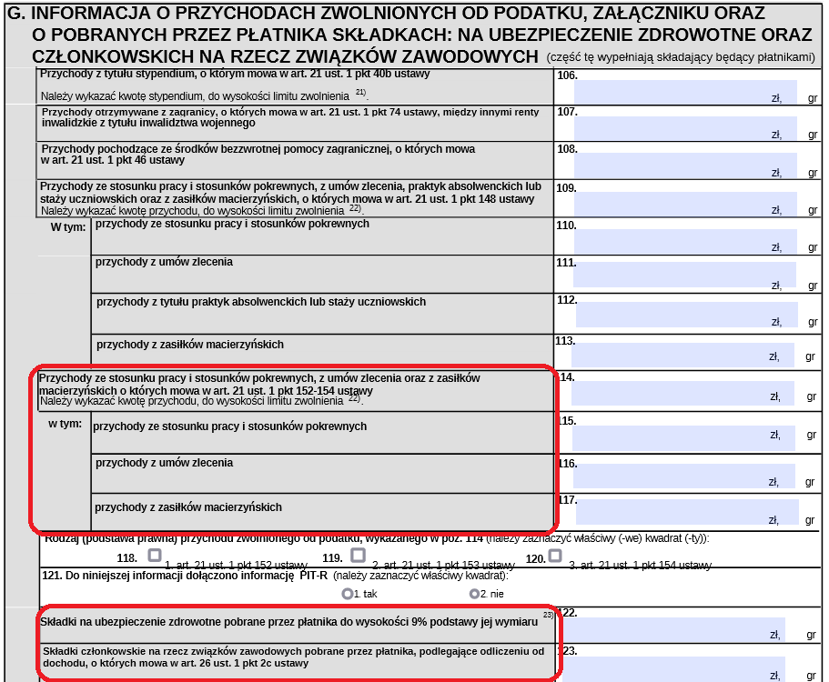 PIT-11 informacja o przychodach zwolnionych od podatku