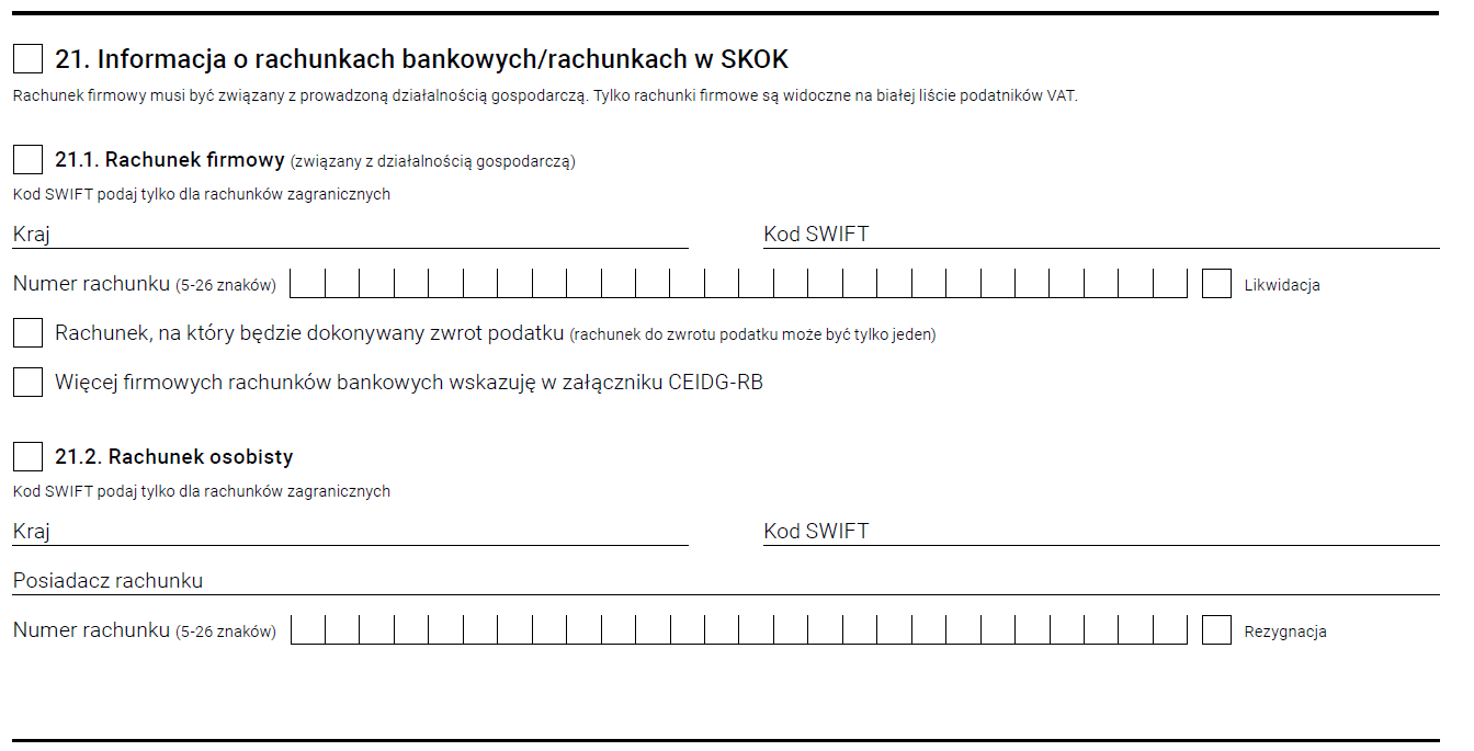 wniosek do CEIDG - informacja o rachunkach bankowych