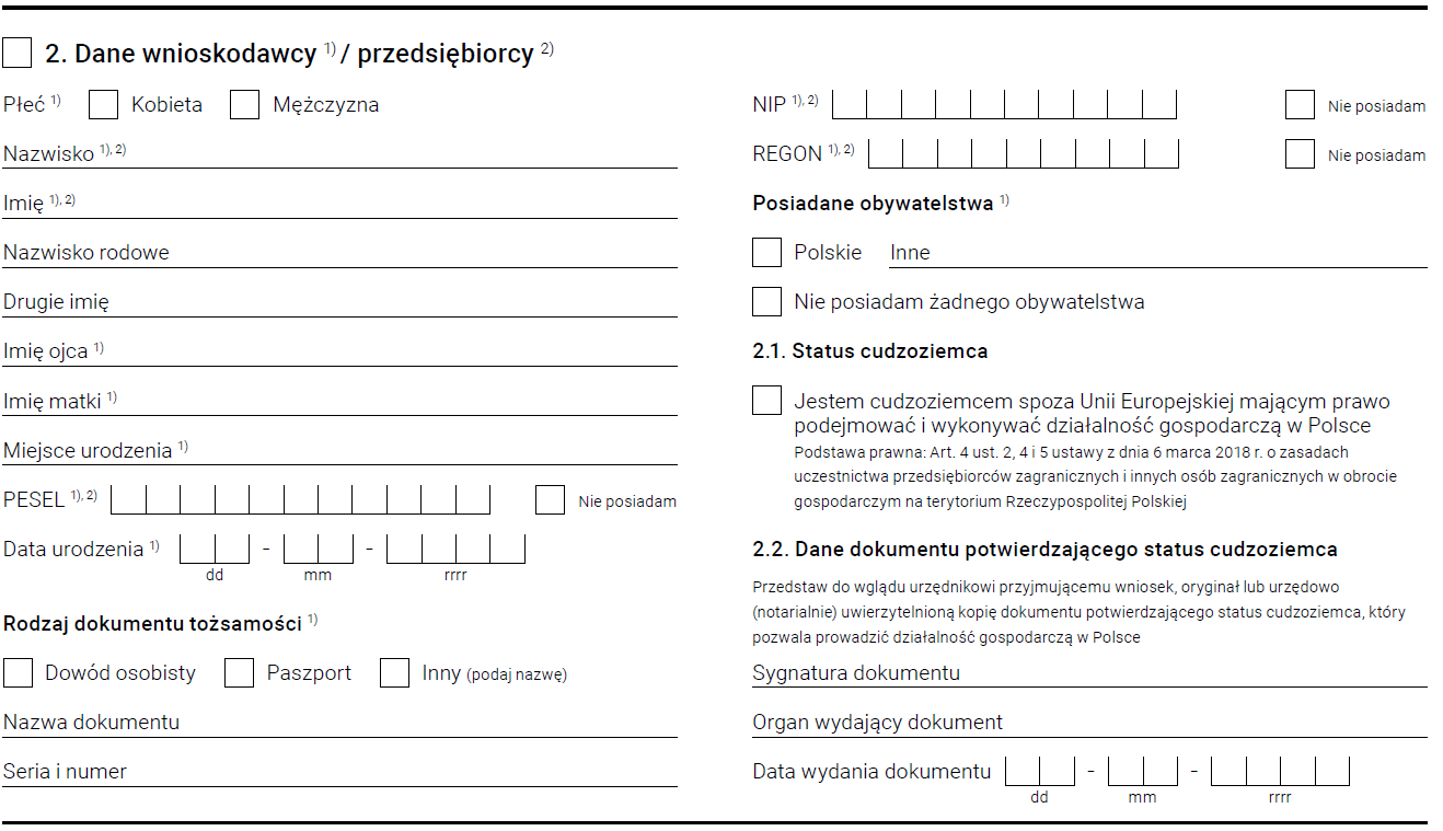 wniosek CEIDG-1 - dane przedsiębiorcy