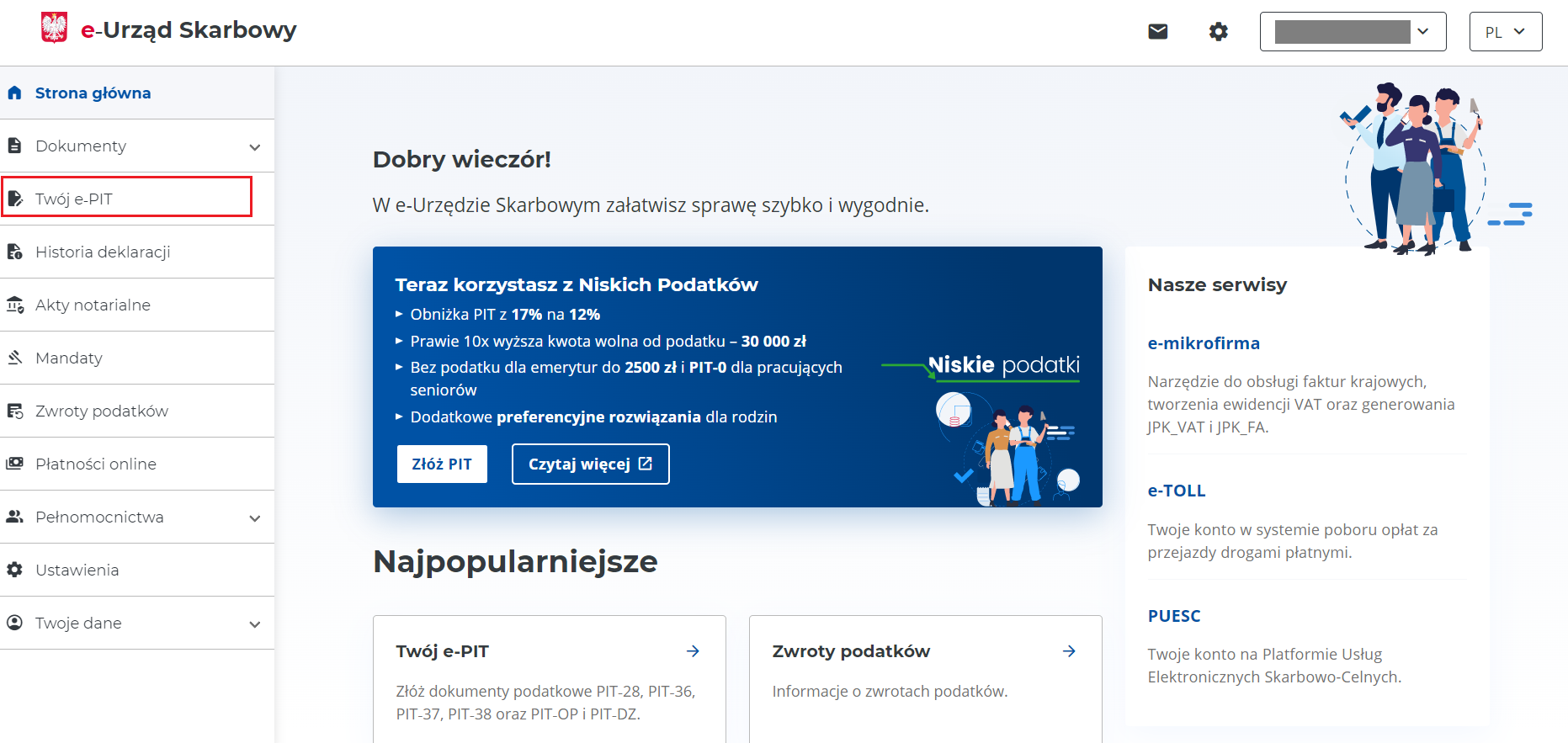 Twój e-PIT menu główne