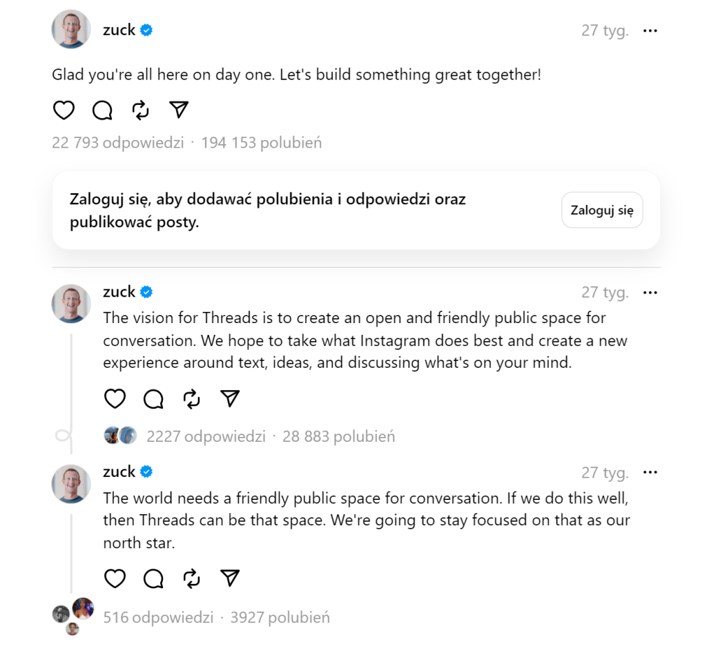 Threads vs Twitter - wypowiedź Marka Zuckerberga