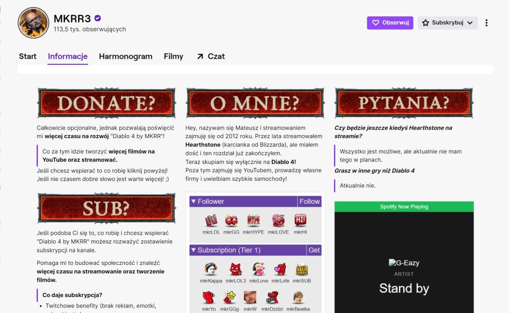 Twitch panele informacyjne