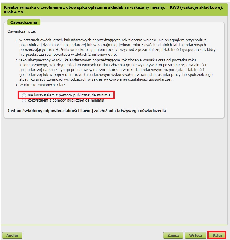 oświadczenie o niekorzystaniu z pomocy de minimis