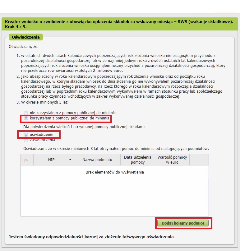 pomoc de minimis we wniosku RWS
