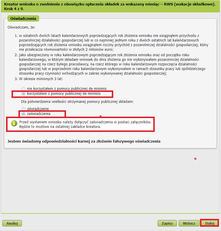 kreator wniosku w wakacje składkowe zaświadczenie