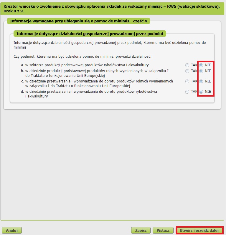 wniosek o wakacje od ZUS informacje o działalności