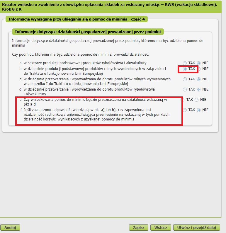 wniosek o wakacje od ZUS informacje o działalności 2