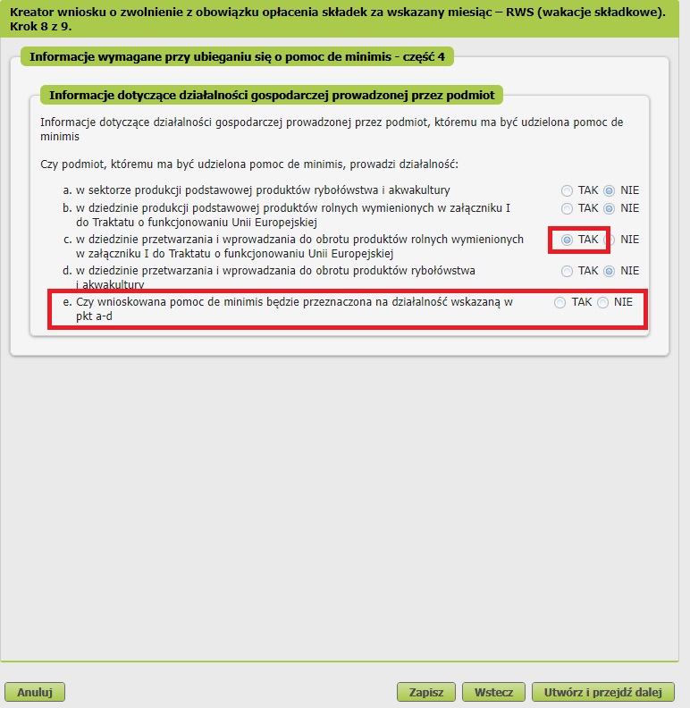 wniosek o wakacje od ZUS informacje o działalności 3